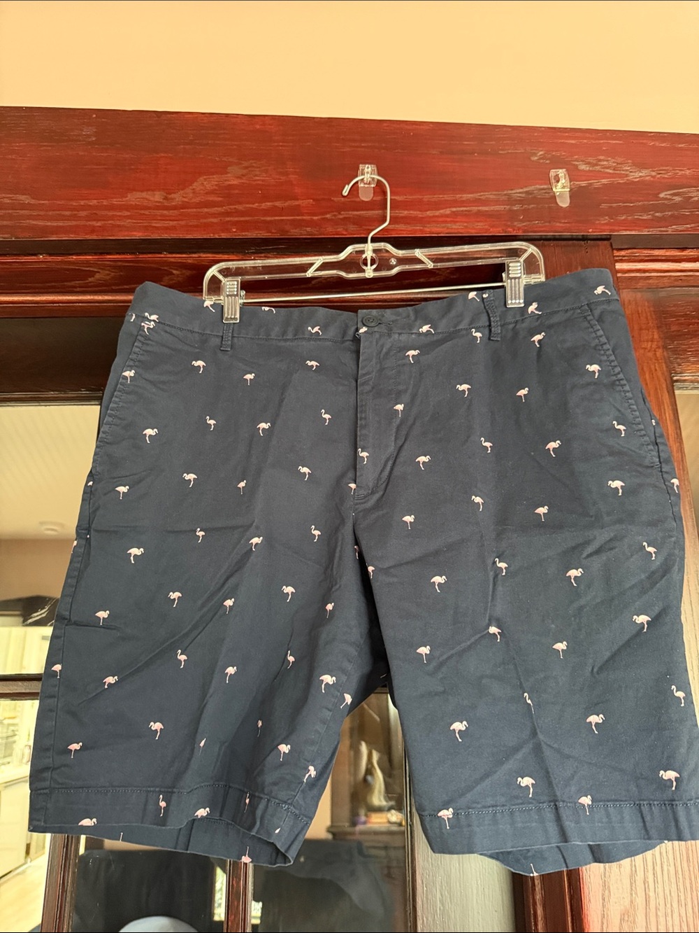 Navy and pink flamingo shorts